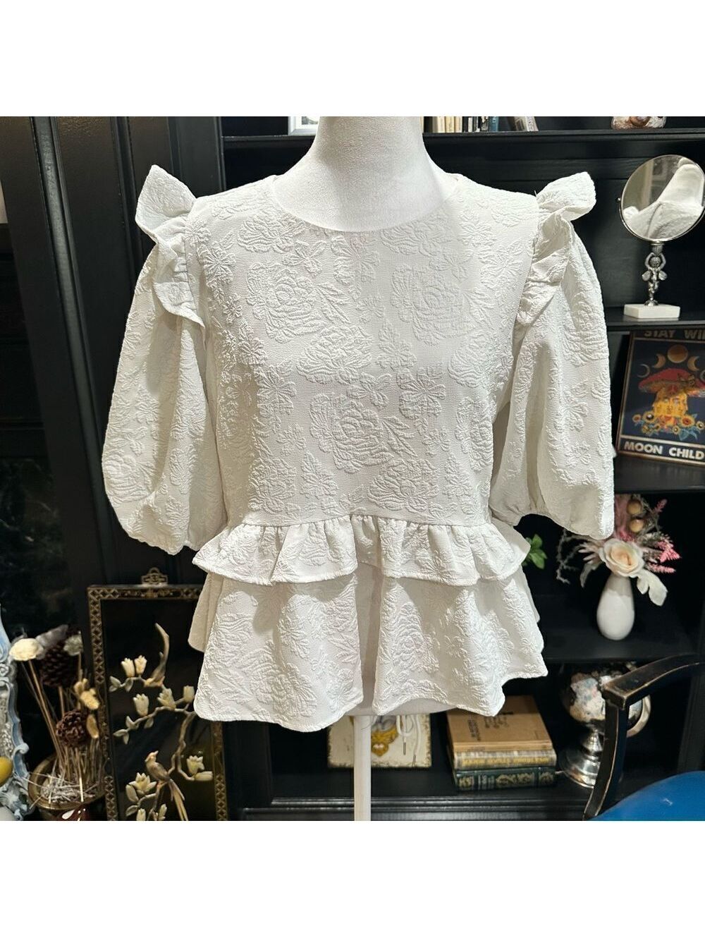 Anthropologies Free the Roses White Rose Tiered Blouse Size M